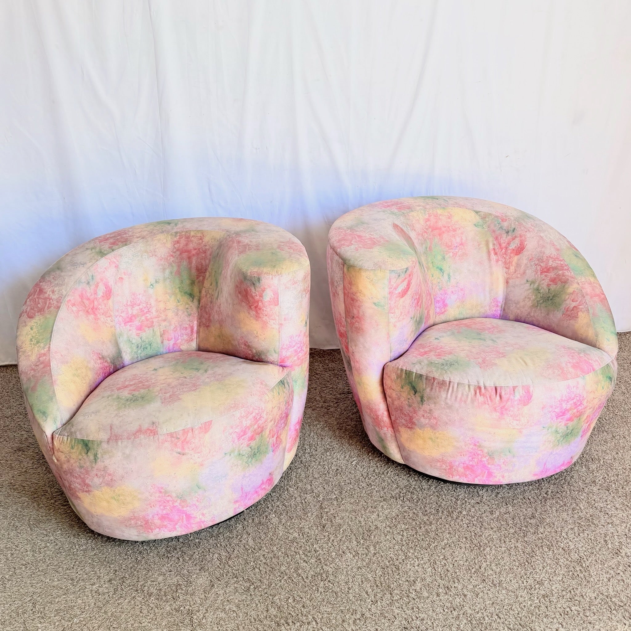 Postmodern Pink Multi Colored Nautilus Swivel Lounge Chairs by Directional - A Pair
