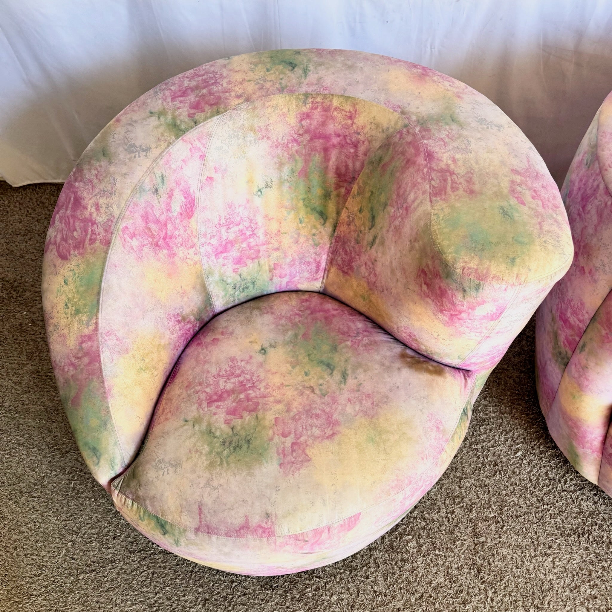 Postmodern Pink Multi Colored Nautilus Swivel Lounge Chairs by Directional - A Pair