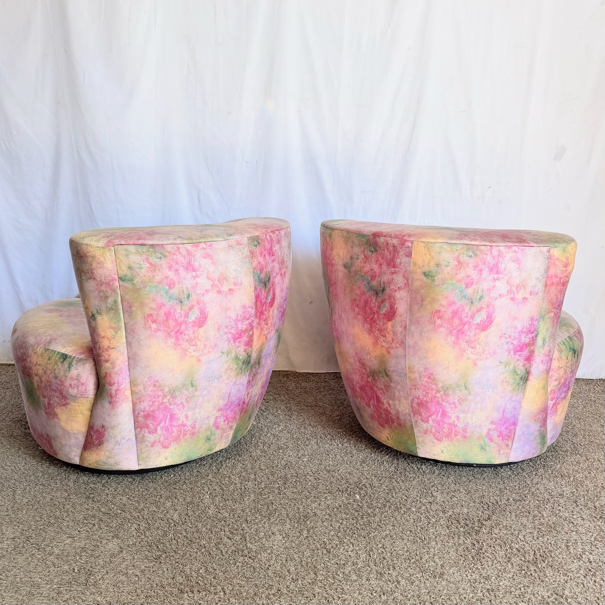 Postmodern Pink Multi Colored Nautilus Swivel Lounge Chairs by Directional - A Pair