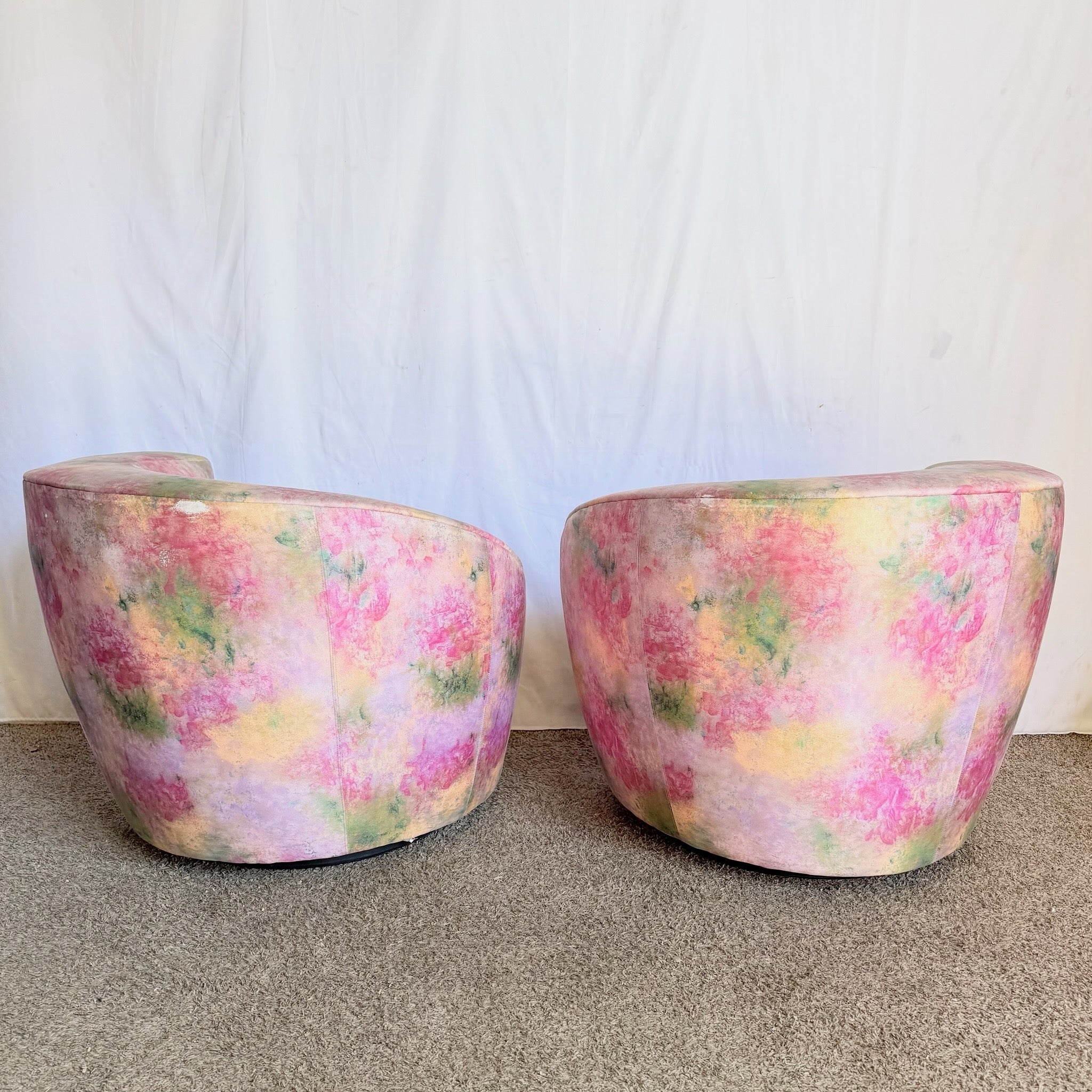 Postmodern Pink Multi Colored Nautilus Swivel Lounge Chairs by Directional - A Pair