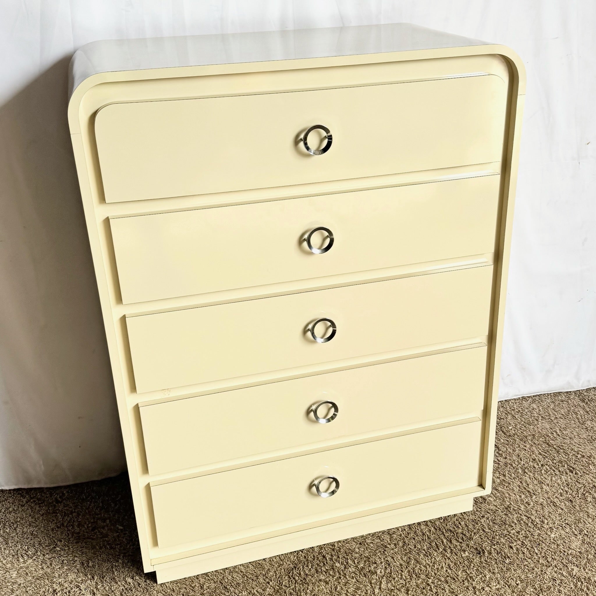 Postmodern Cream Lacquer Laminate Waterfall Highboy Dresser