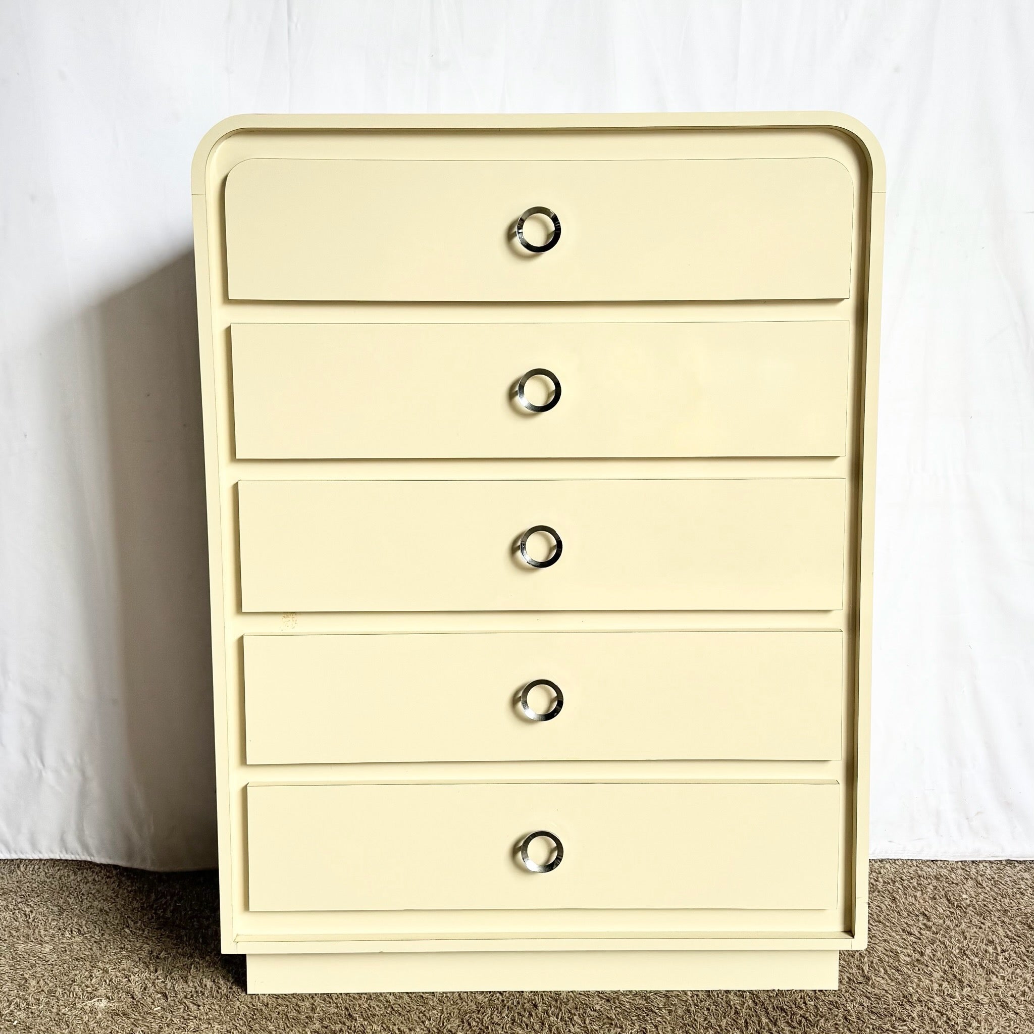 Postmodern Cream Lacquer Laminate Waterfall Highboy Dresser