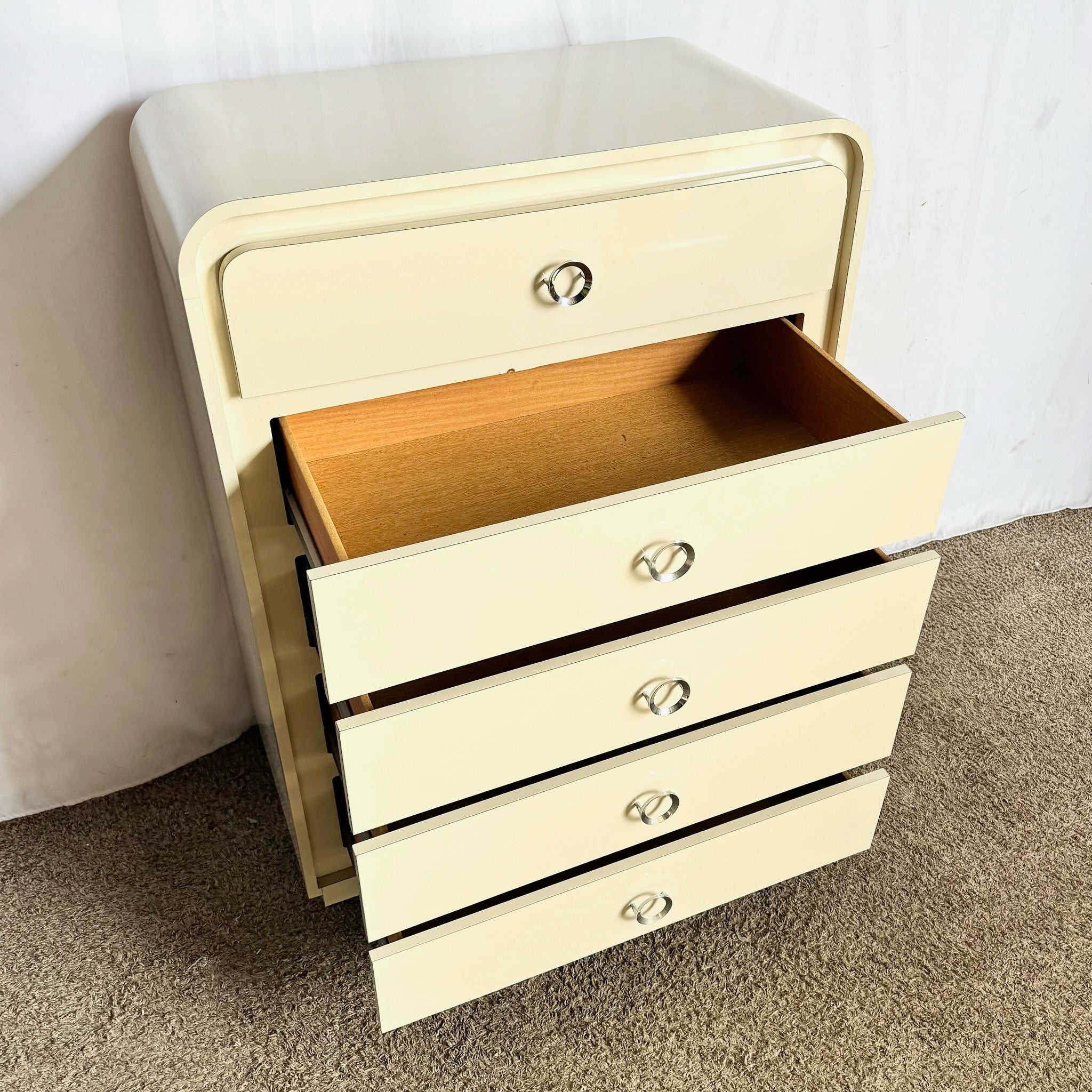 Postmodern Cream Lacquer Laminate Waterfall Highboy Dresser
