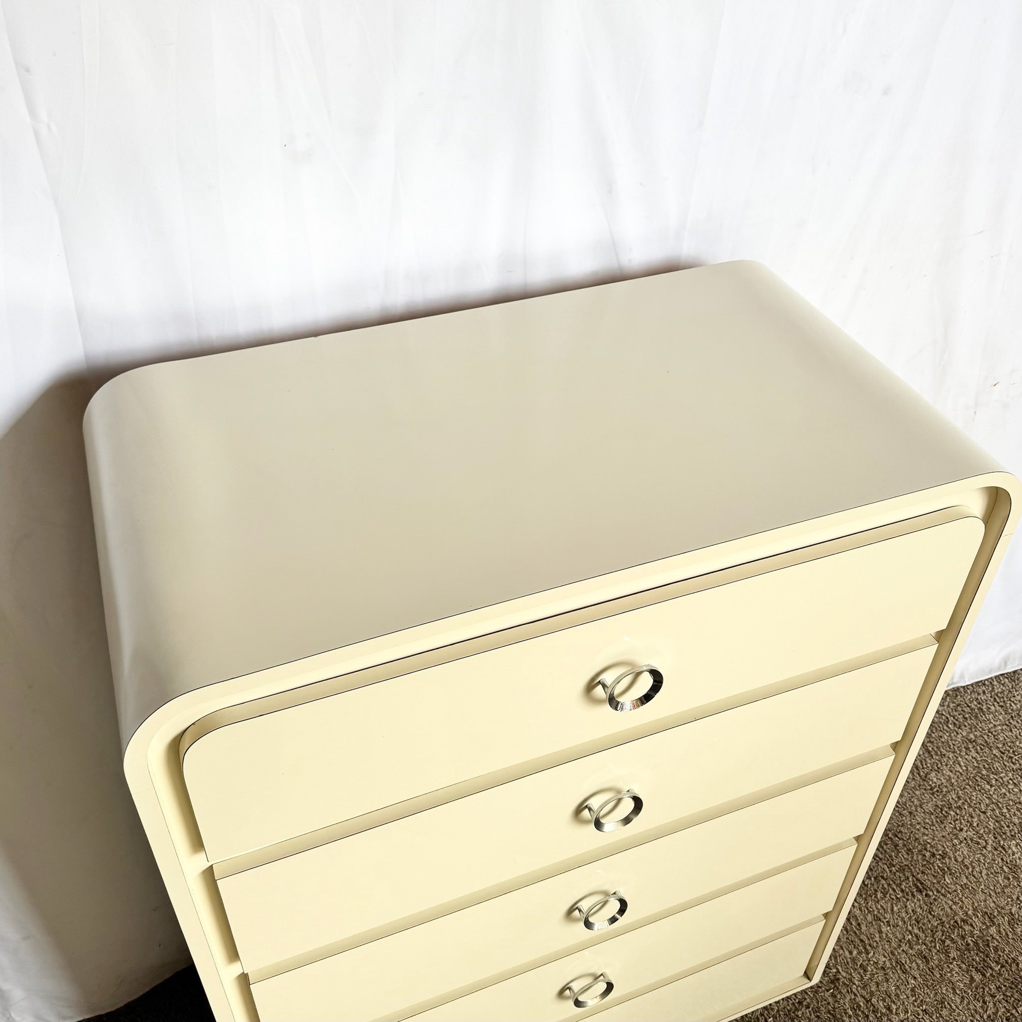 Postmodern Cream Lacquer Laminate Waterfall Highboy Dresser
