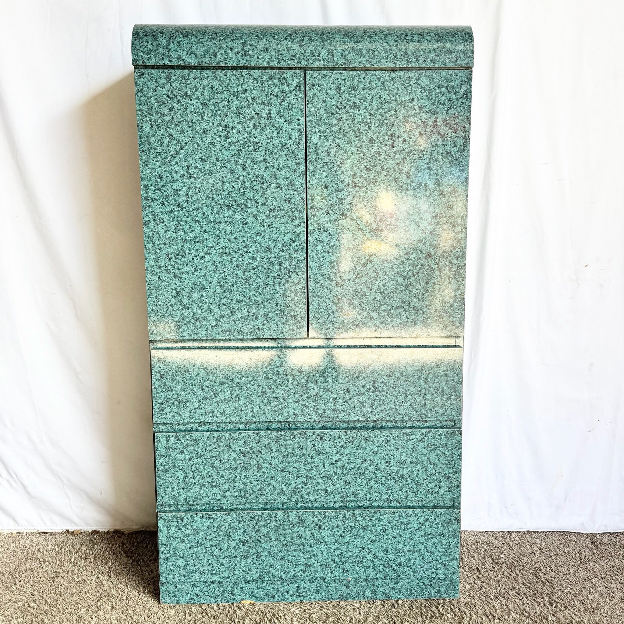 Postmodern Faux Teal Granite Laminate Waterfall Armoire