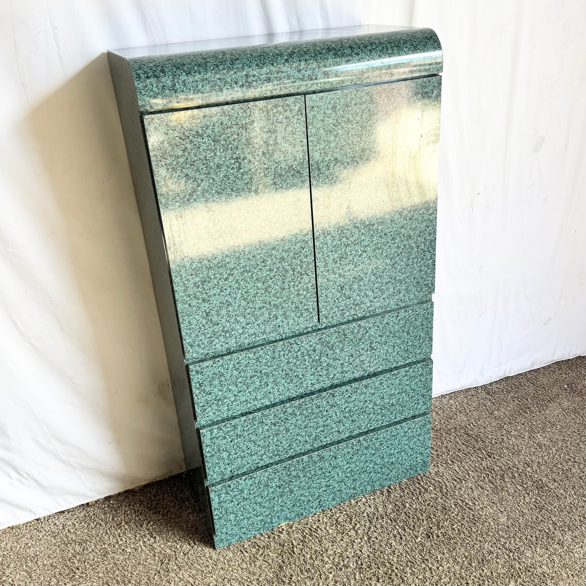 Postmodern Faux Teal Granite Laminate Waterfall Armoire