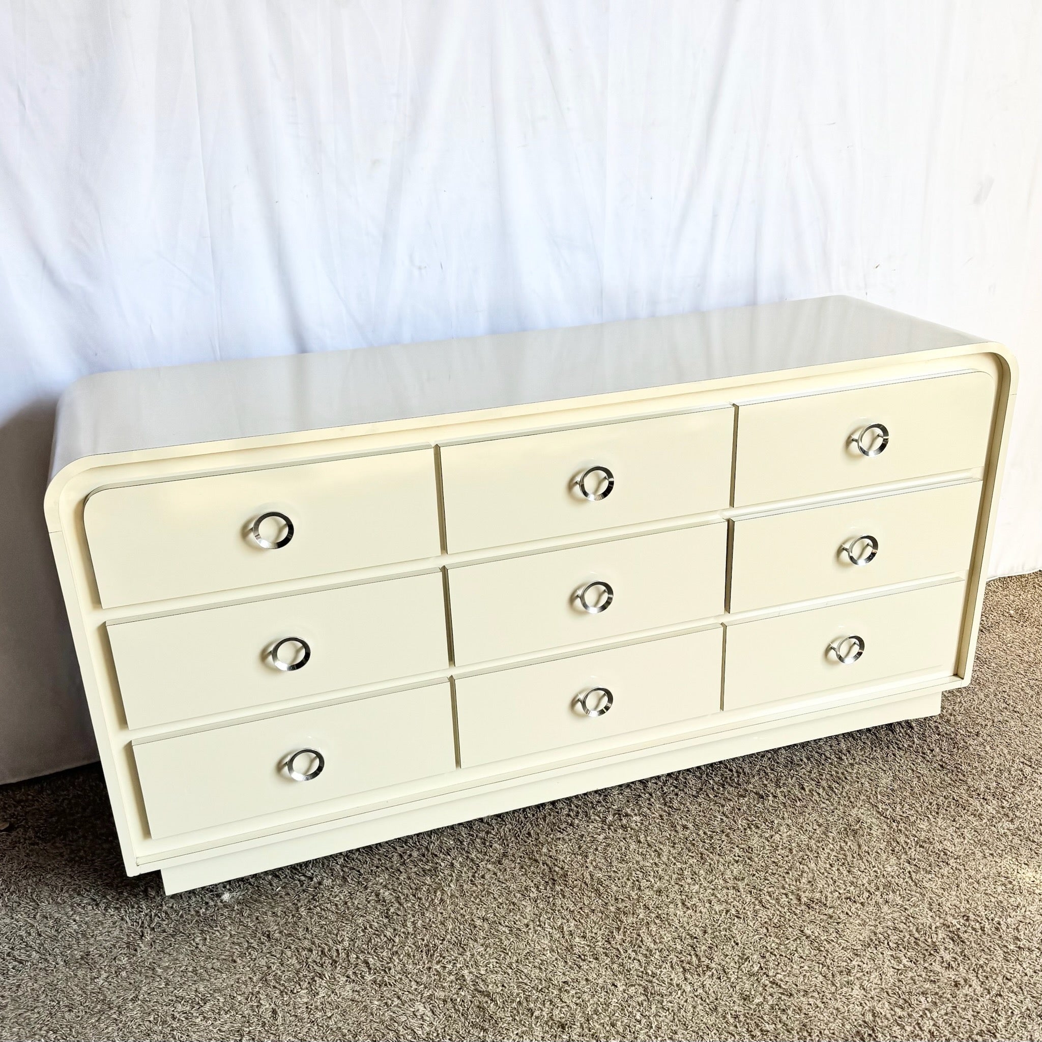 Postmodern Cream Lacquer Laminate Waterfall Dresser