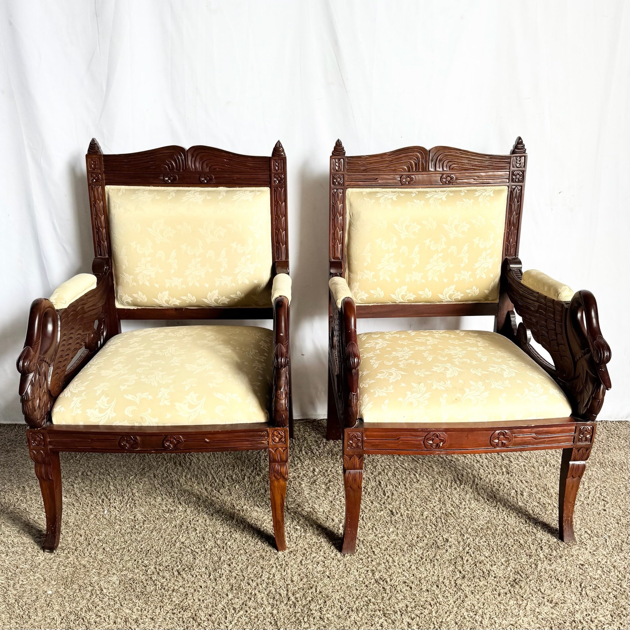 Vintage Carved Wooden Swan Arm Chairs - A Pair