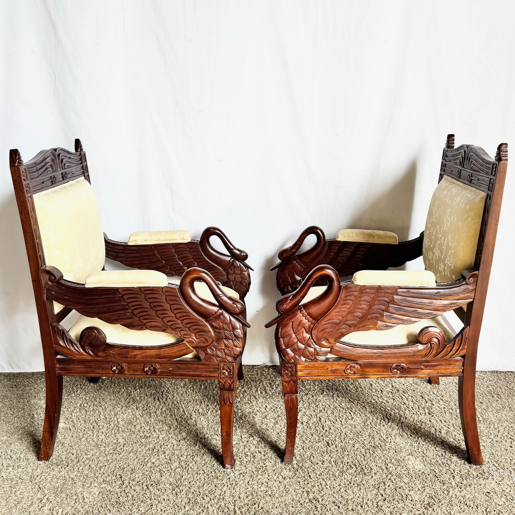 Vintage Carved Wooden Swan Arm Chairs - A Pair