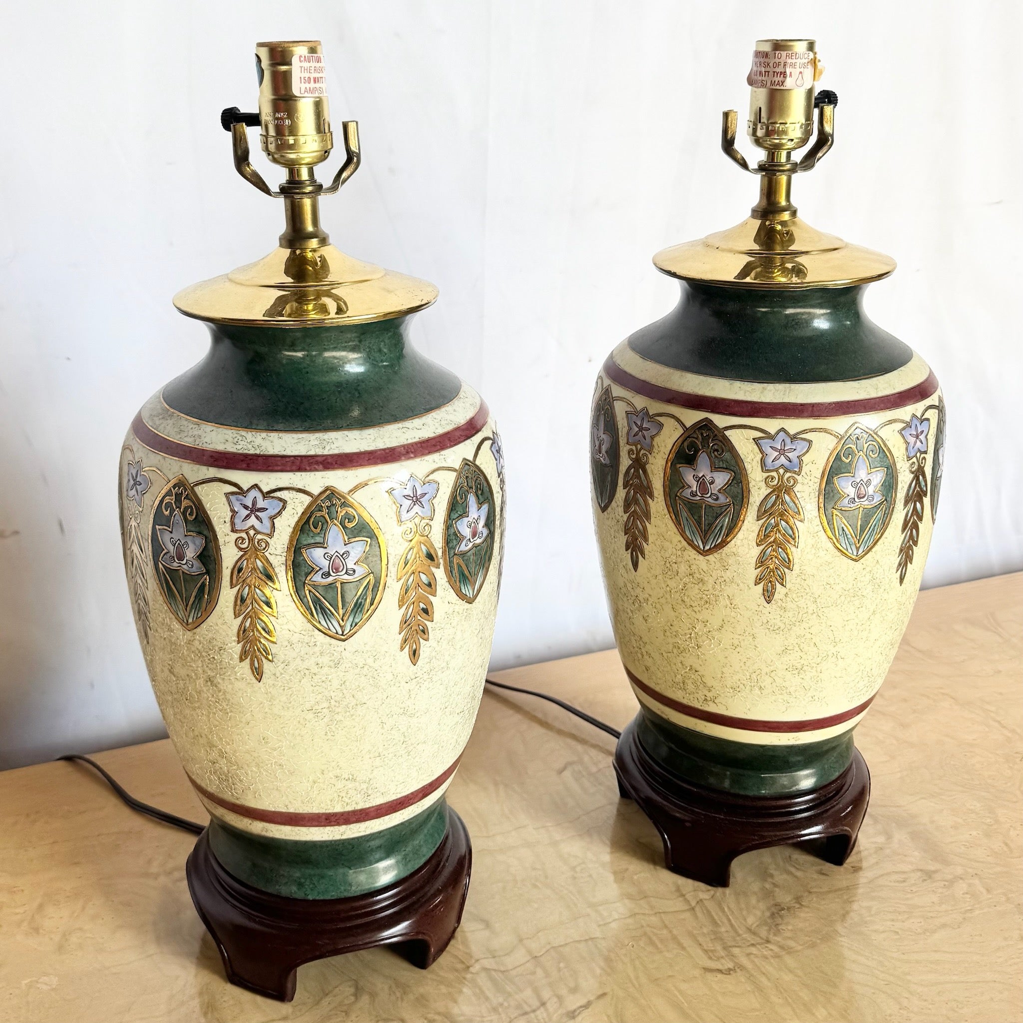 Vintage Green Gold and Cream Hand Painted Table Lamps - A Pair