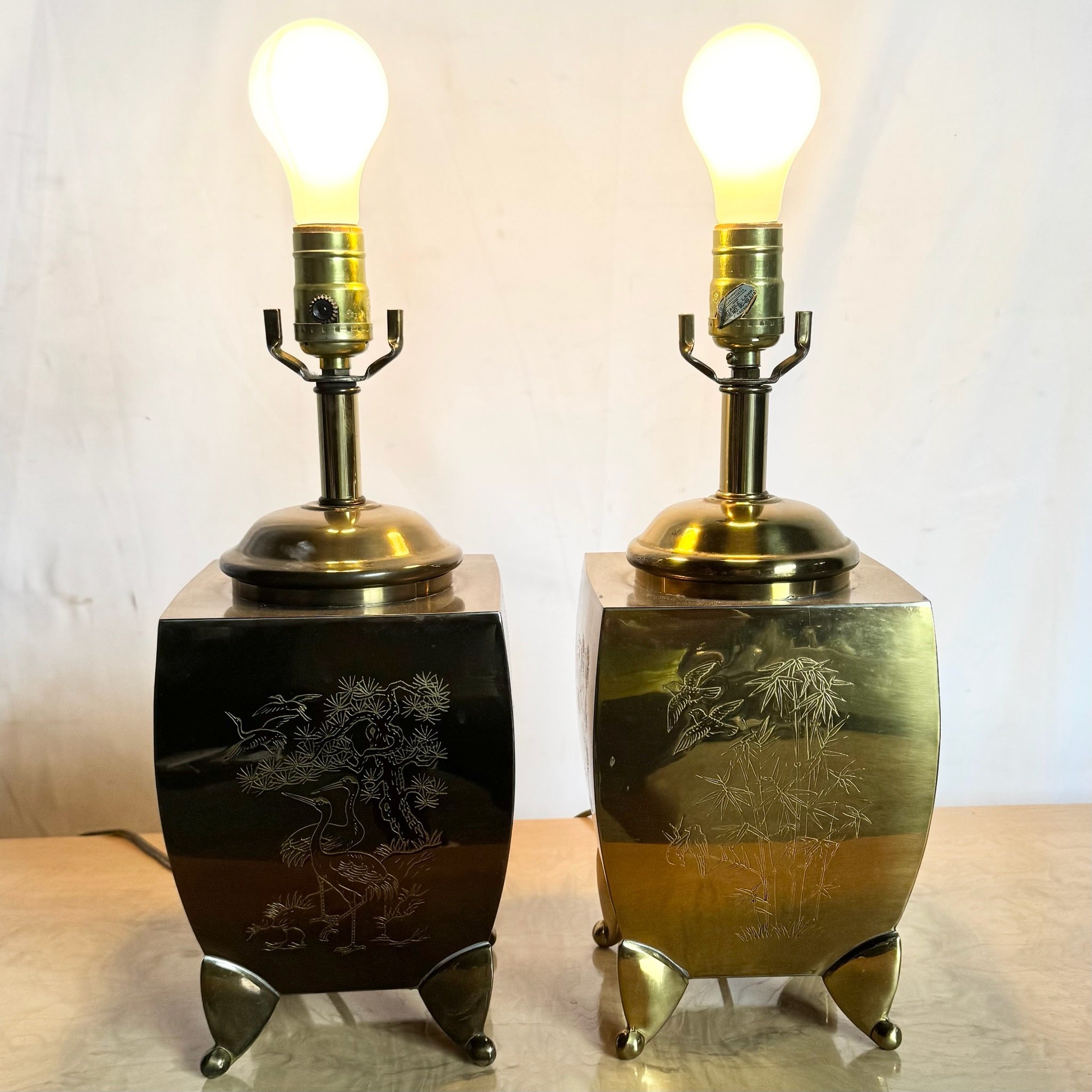 Vintage Chinoiserie Brass Engraved Tiger Table Lamps - A Pair