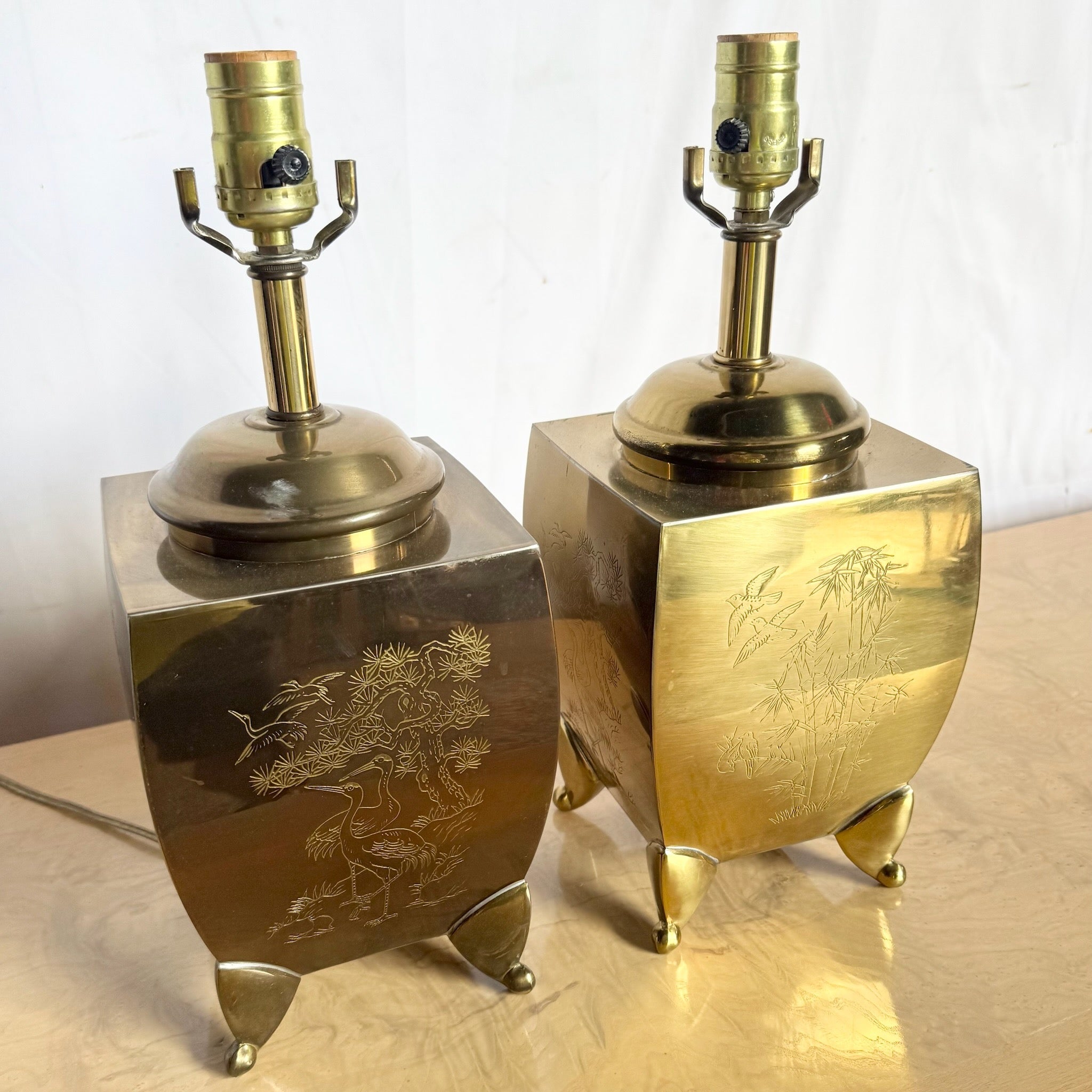 Vintage Chinoiserie Brass Engraved Tiger Table Lamps - A Pair