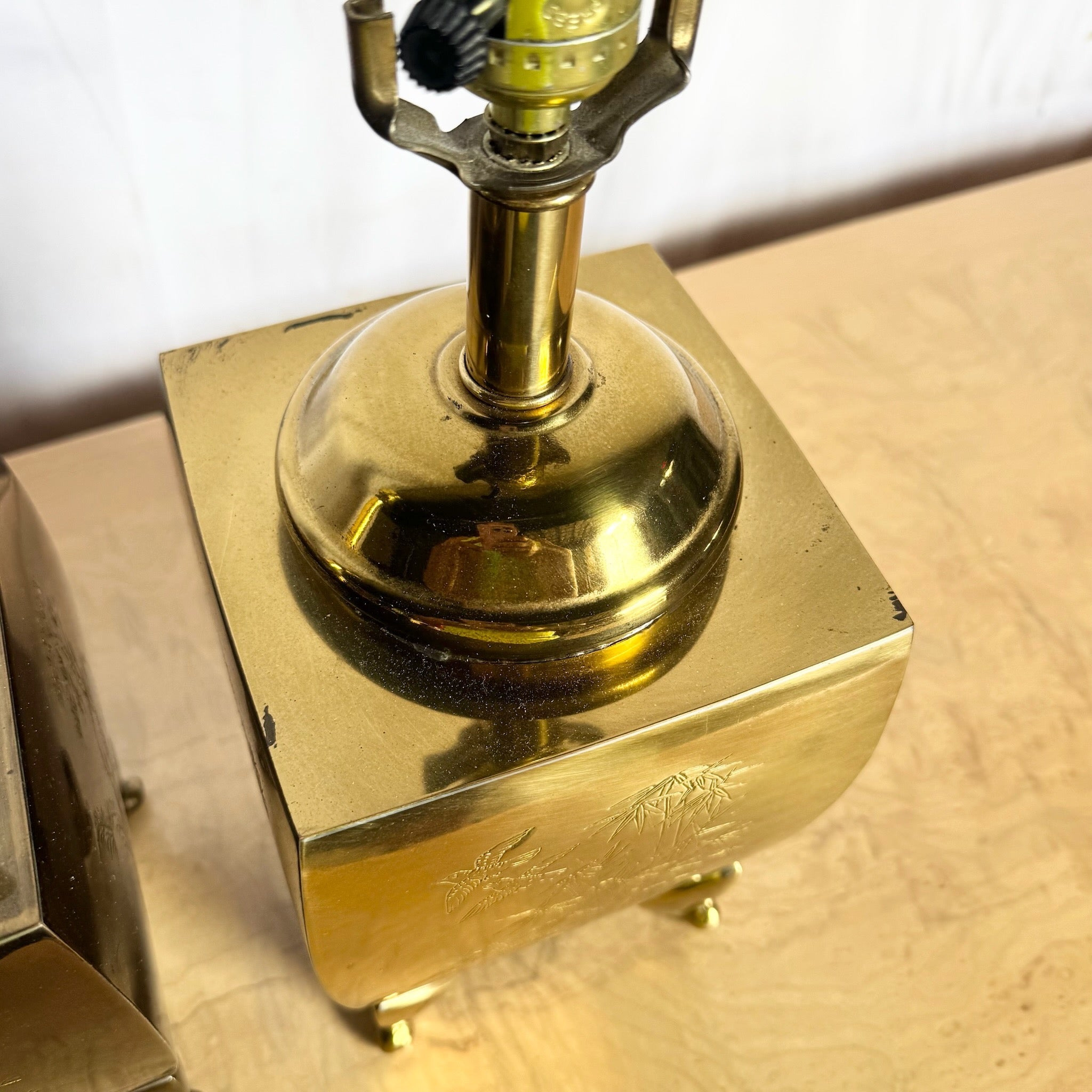 Vintage Chinoiserie Brass Engraved Tiger Table Lamps - A Pair