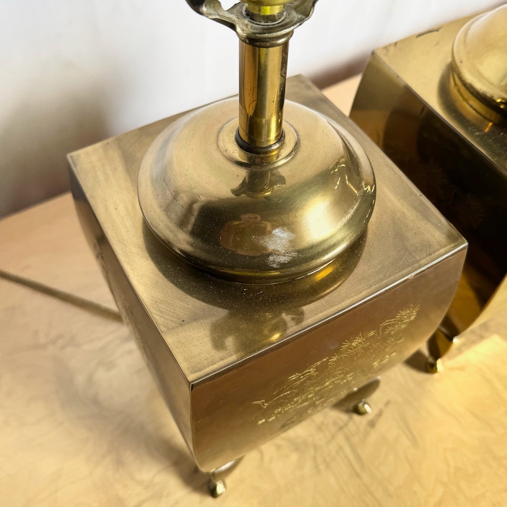 Vintage Chinoiserie Brass Engraved Tiger Table Lamps - A Pair