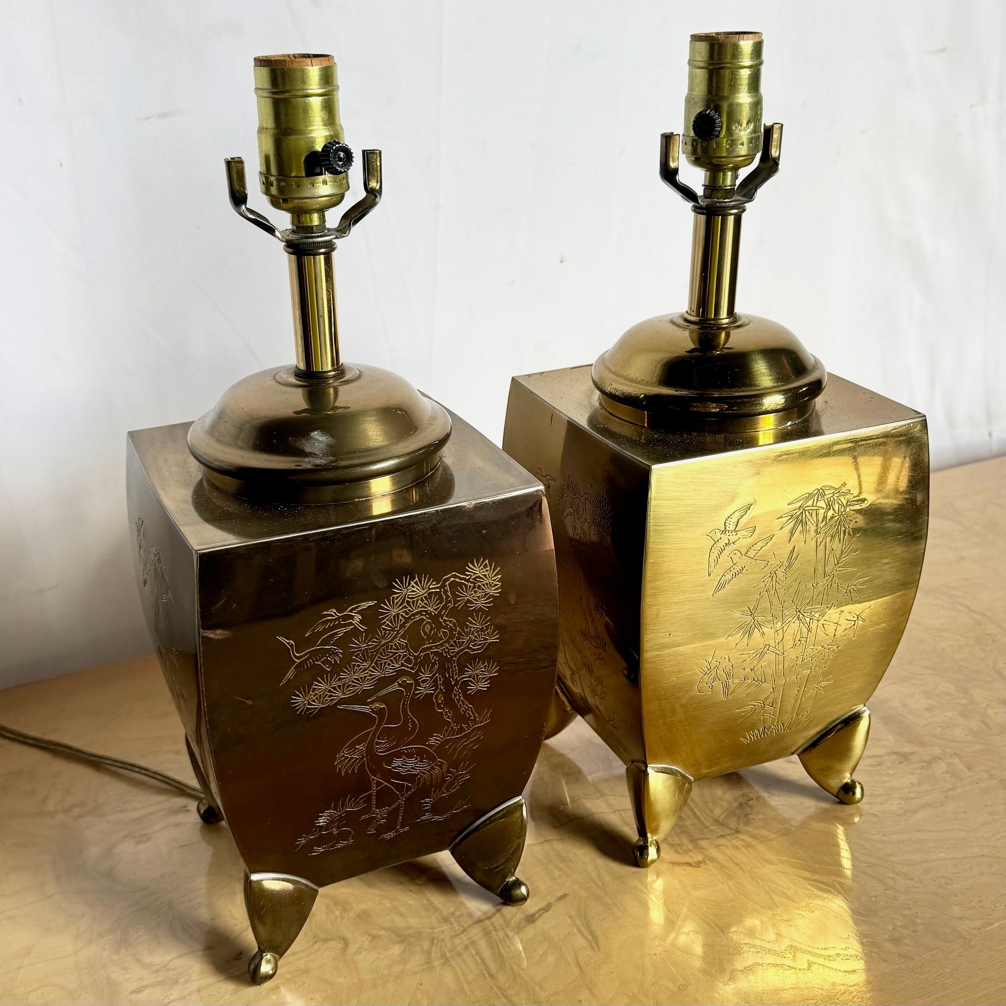 Vintage Chinoiserie Brass Engraved Tiger Table Lamps - A Pair