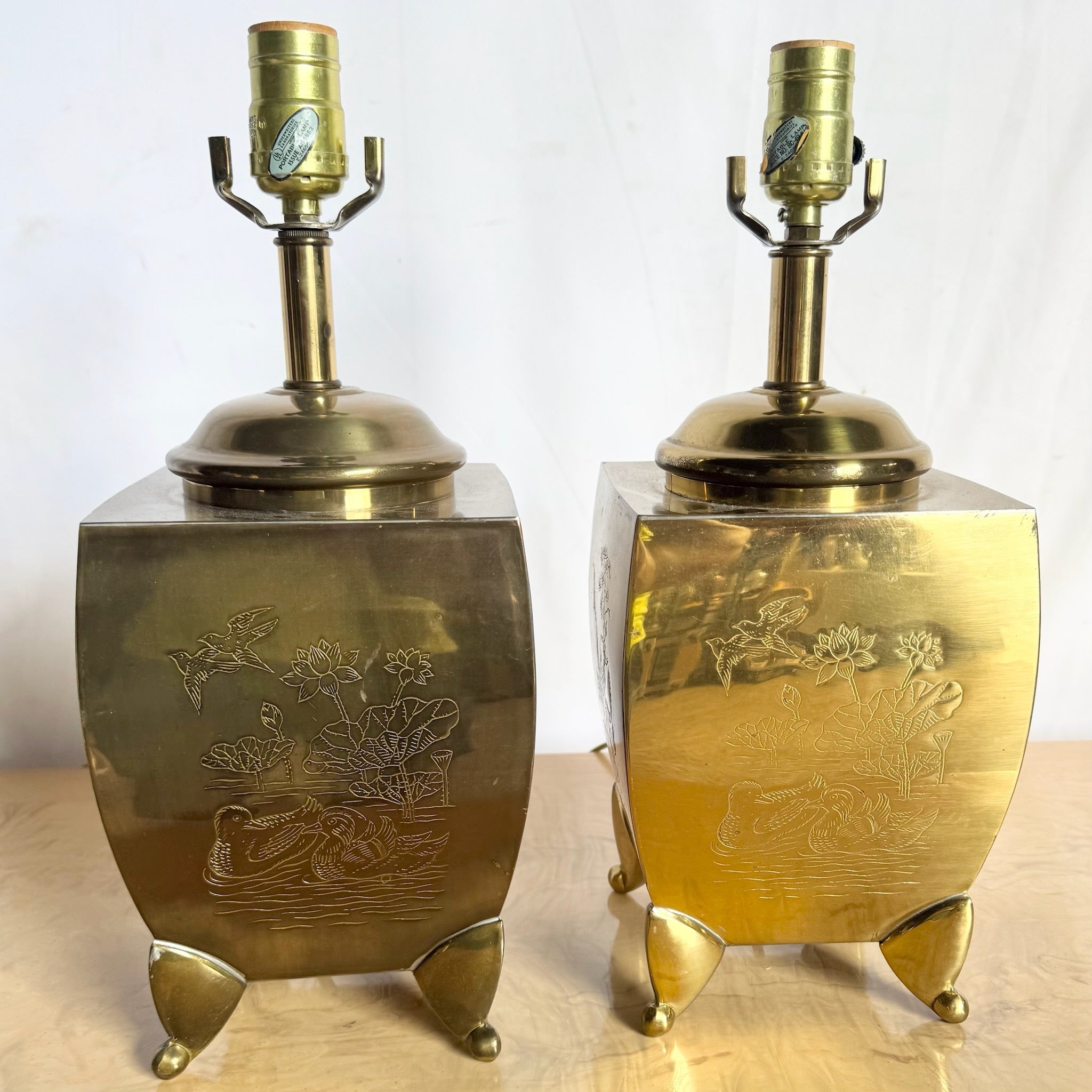 Vintage Chinoiserie Brass Engraved Tiger Table Lamps - A Pair