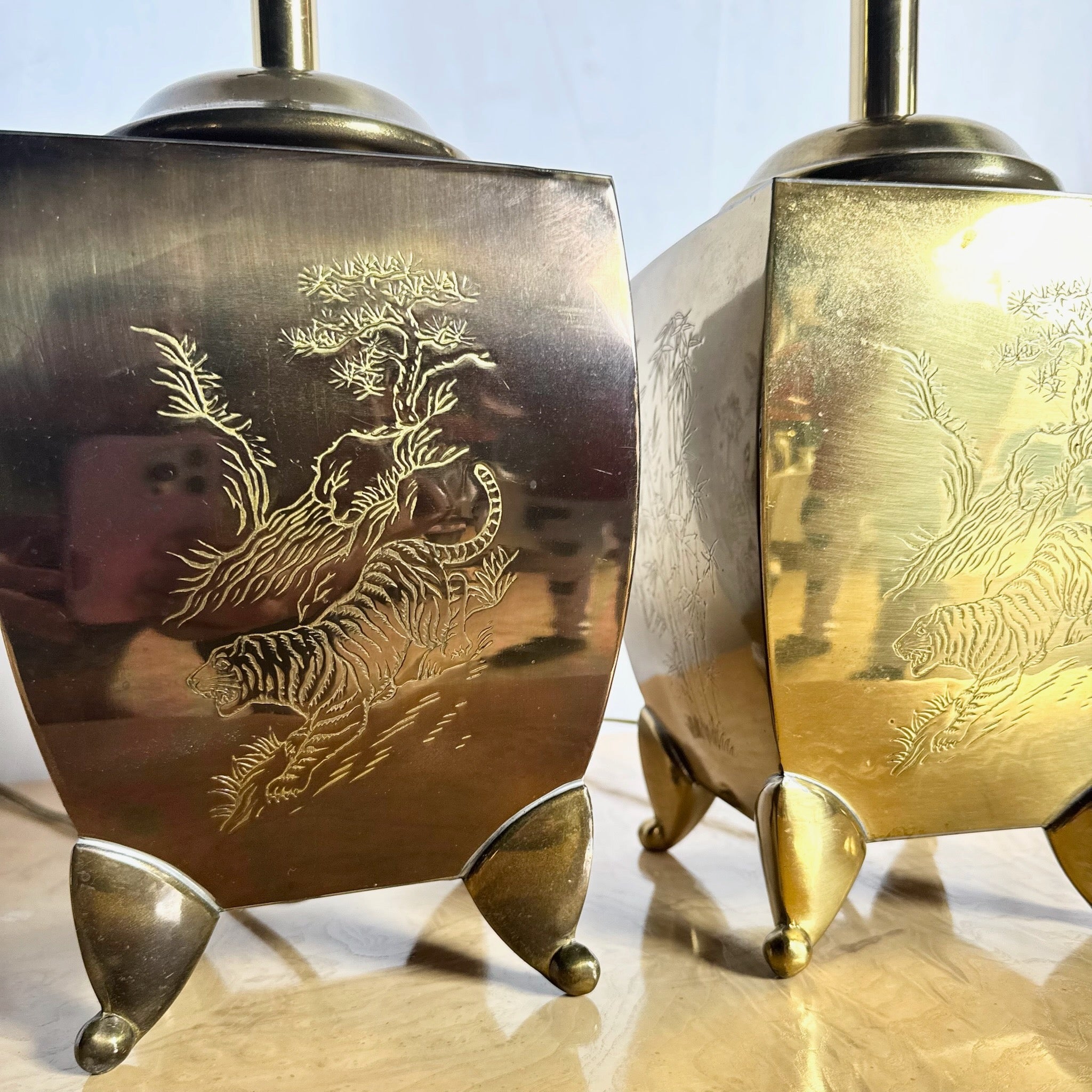 Vintage Chinoiserie Brass Engraved Tiger Table Lamps - A Pair