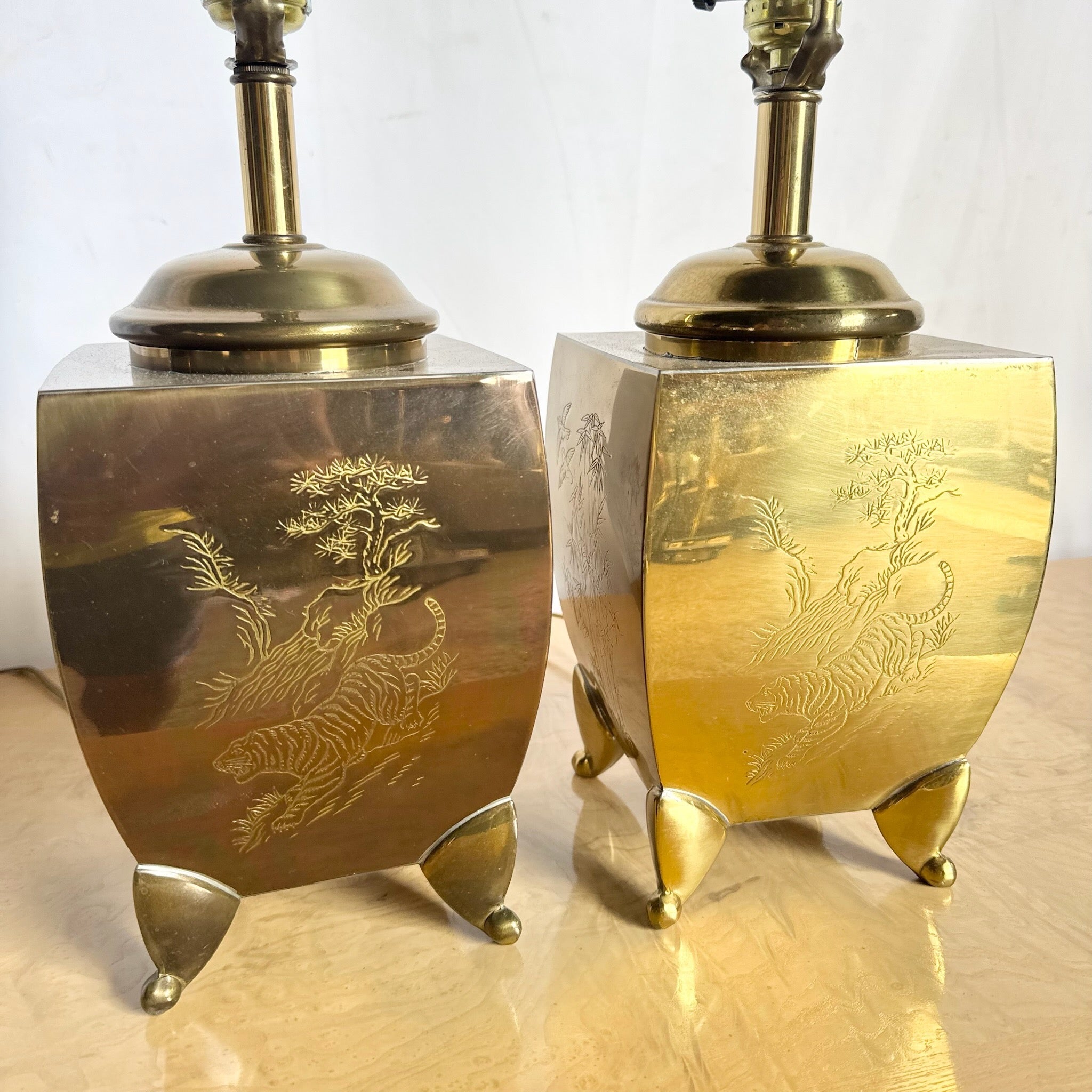 Vintage Chinoiserie Brass Engraved Tiger Table Lamps - A Pair