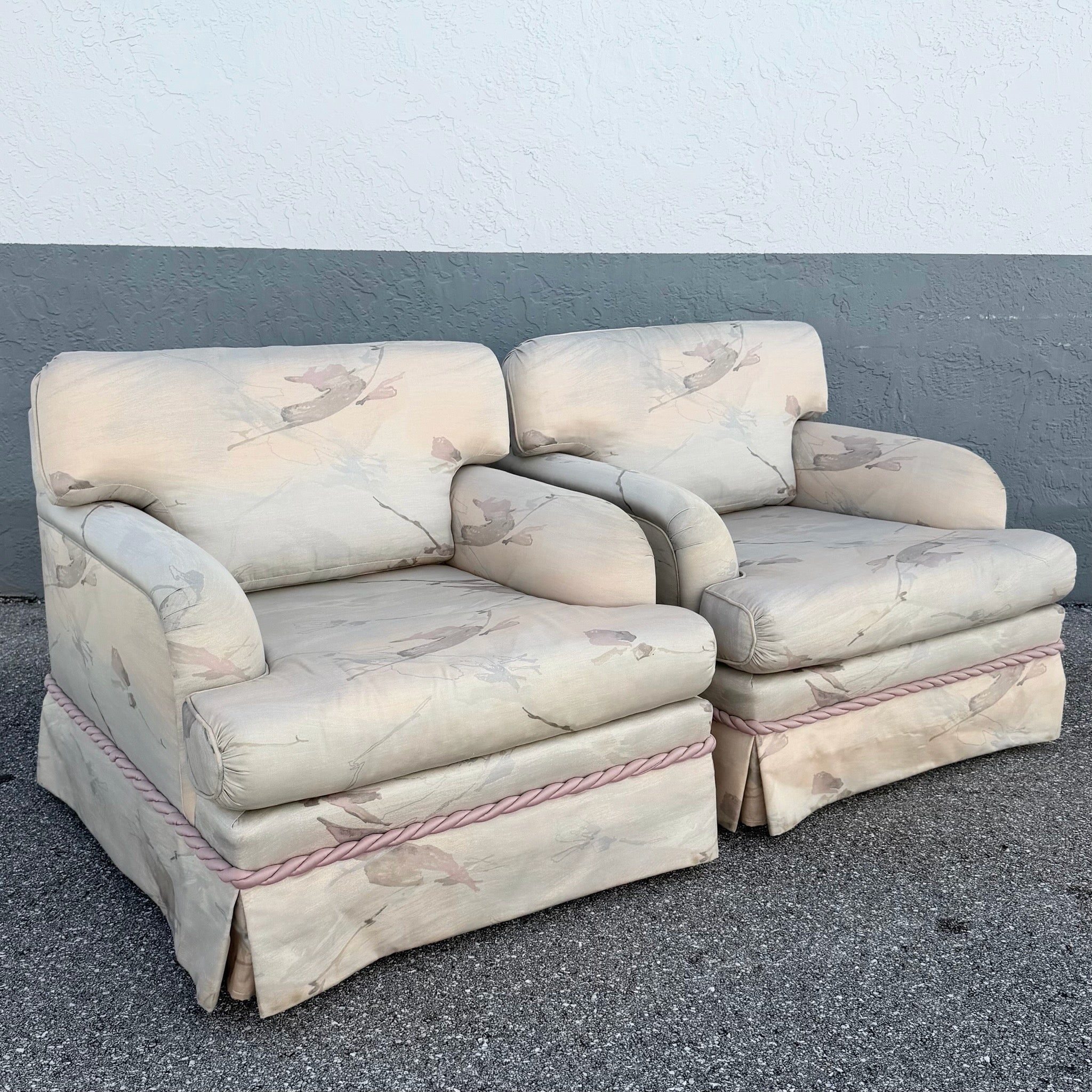 Postmodern Pink and Blue Ropped and Skirted Lounge Chairs - A Pair Dolphin & Flamingo