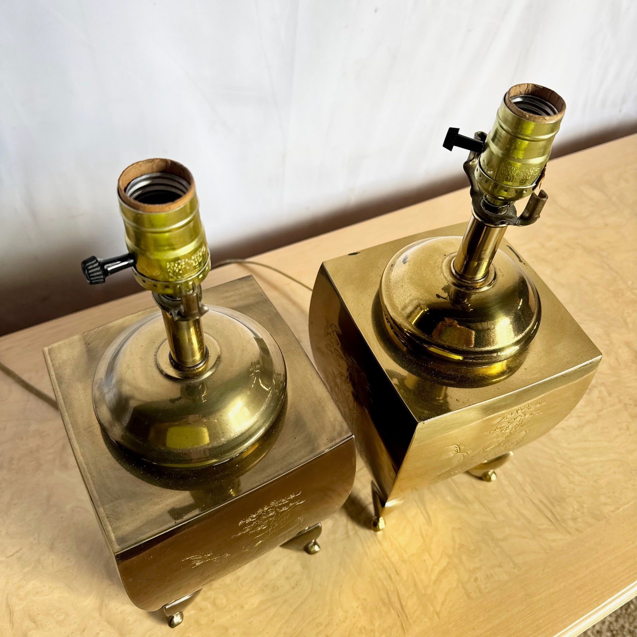 Vintage Chinoiserie Brass Engraved Tiger Table Lamps - A Pair