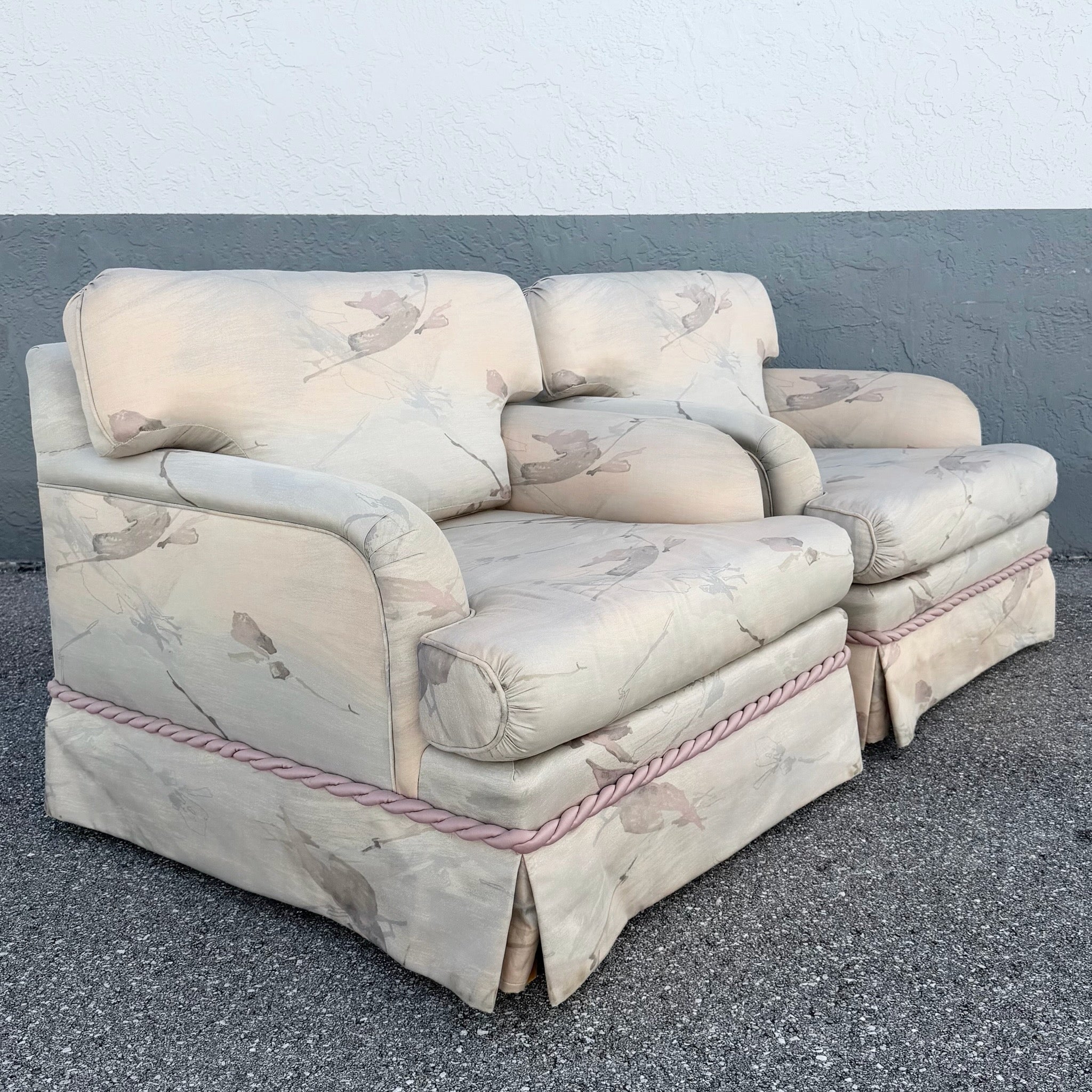 Postmodern Pink and Blue Ropped and Skirted Lounge Chairs - A Pair Dolphin & Flamingo