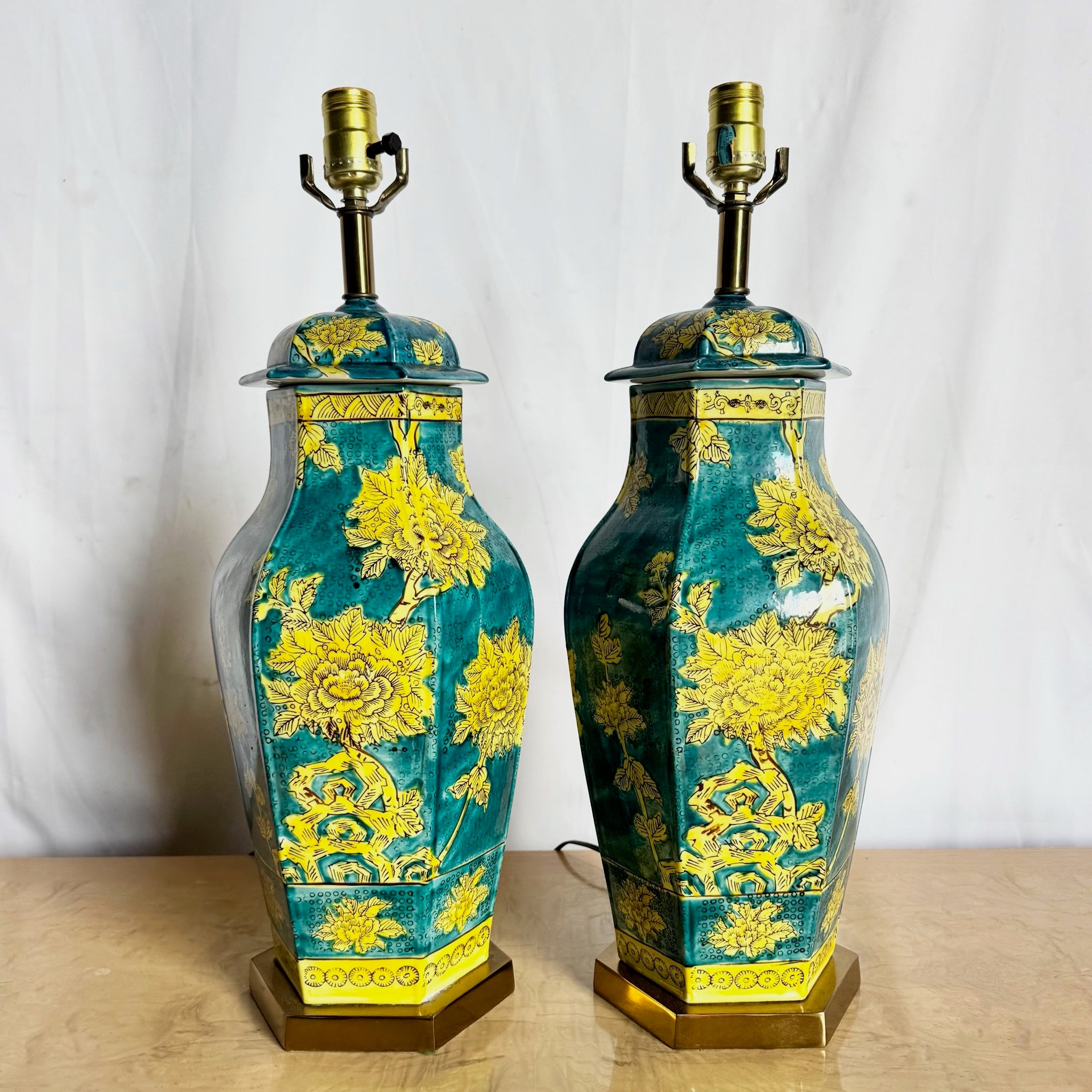 Chinoiserie Blue and Yellow Porcelains Table Lamps - A Pair