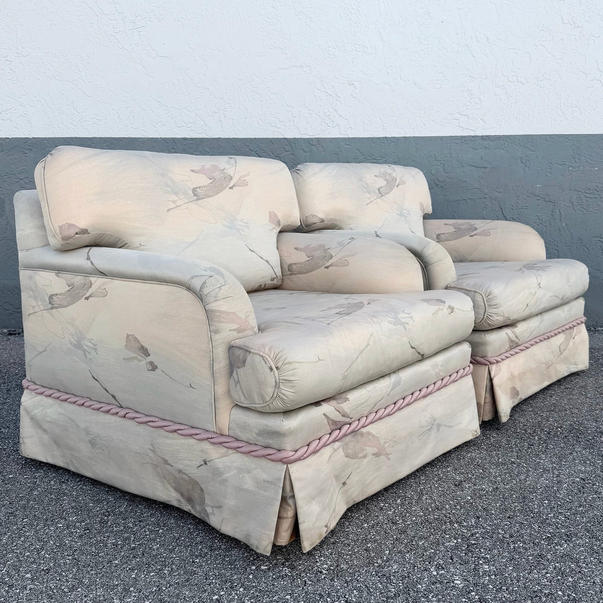 Postmodern Pink and Blue Ropped and Skirted Lounge Chairs - A Pair Dolphin & Flamingo