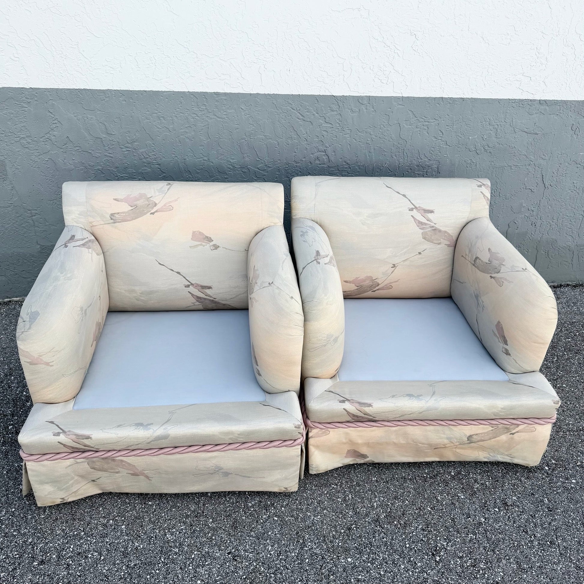 Postmodern Pink and Blue Ropped and Skirted Lounge Chairs - A Pair Dolphin & Flamingo