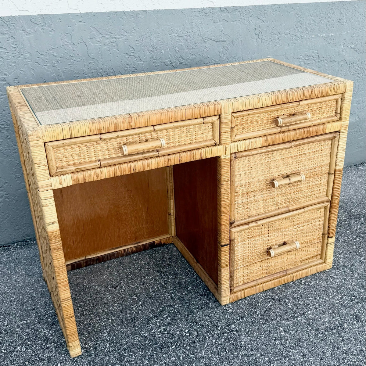 Boho Chic Wicker Inlaid Glass Top Writing Desk Dolphin & Flamingo