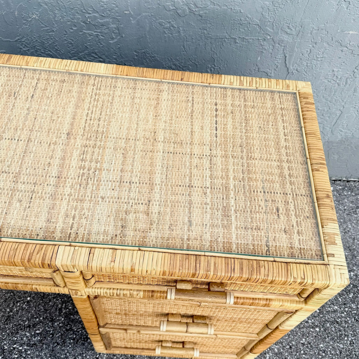 Boho Chic Wicker Inlaid Glass Top Writing Desk Dolphin & Flamingo