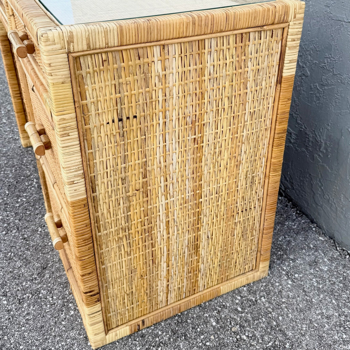 Boho Chic Wicker Inlaid Glass Top Writing Desk Dolphin & Flamingo