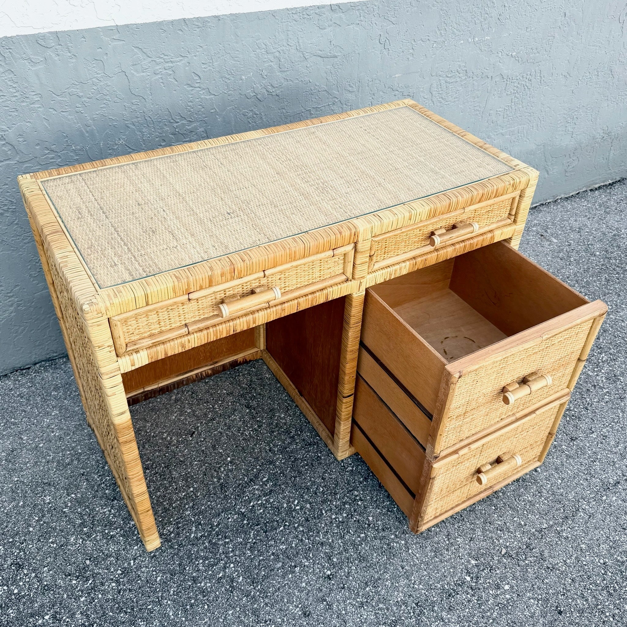 Boho Chic Wicker Inlaid Glass Top Writing Desk Dolphin & Flamingo
