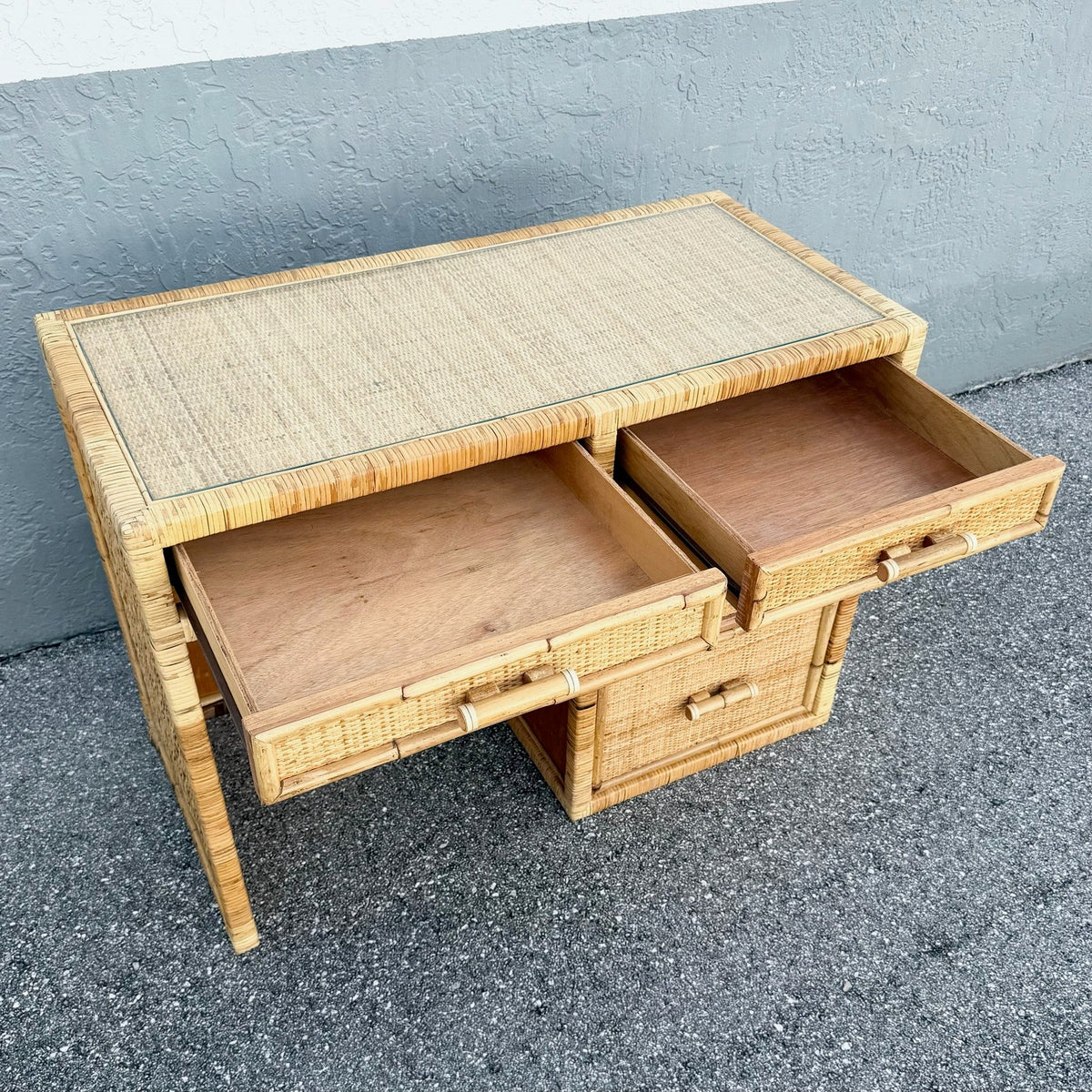 Boho Chic Wicker Inlaid Glass Top Writing Desk Dolphin & Flamingo
