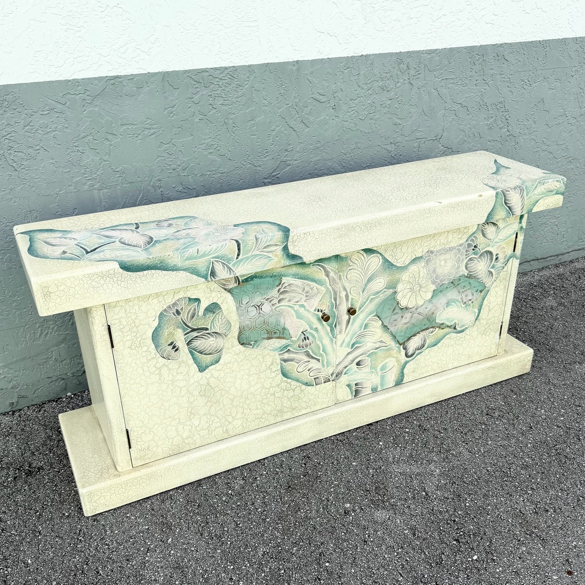 Vintage Hand Painted Crackle Finished Cream Teal and Pink Credenza Dolphin & Flamingo