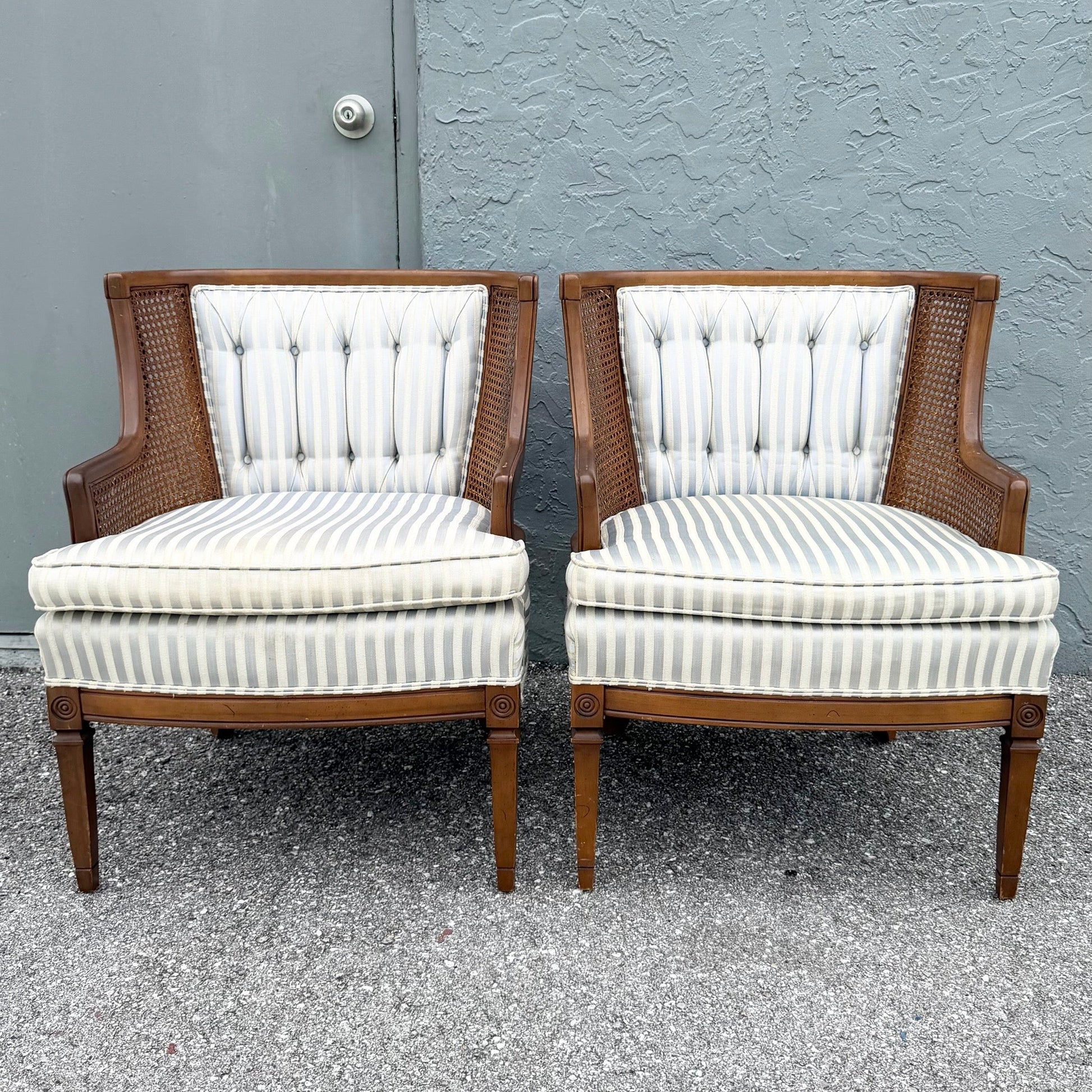 Vintage Hollywood Regency Cane Tufted Barrels Chairs - A Pair Dolphin & Flamingo