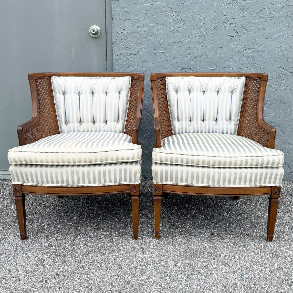 Vintage Hollywood Regency Cane Tufted Barrels Chairs - A Pair Dolphin & Flamingo