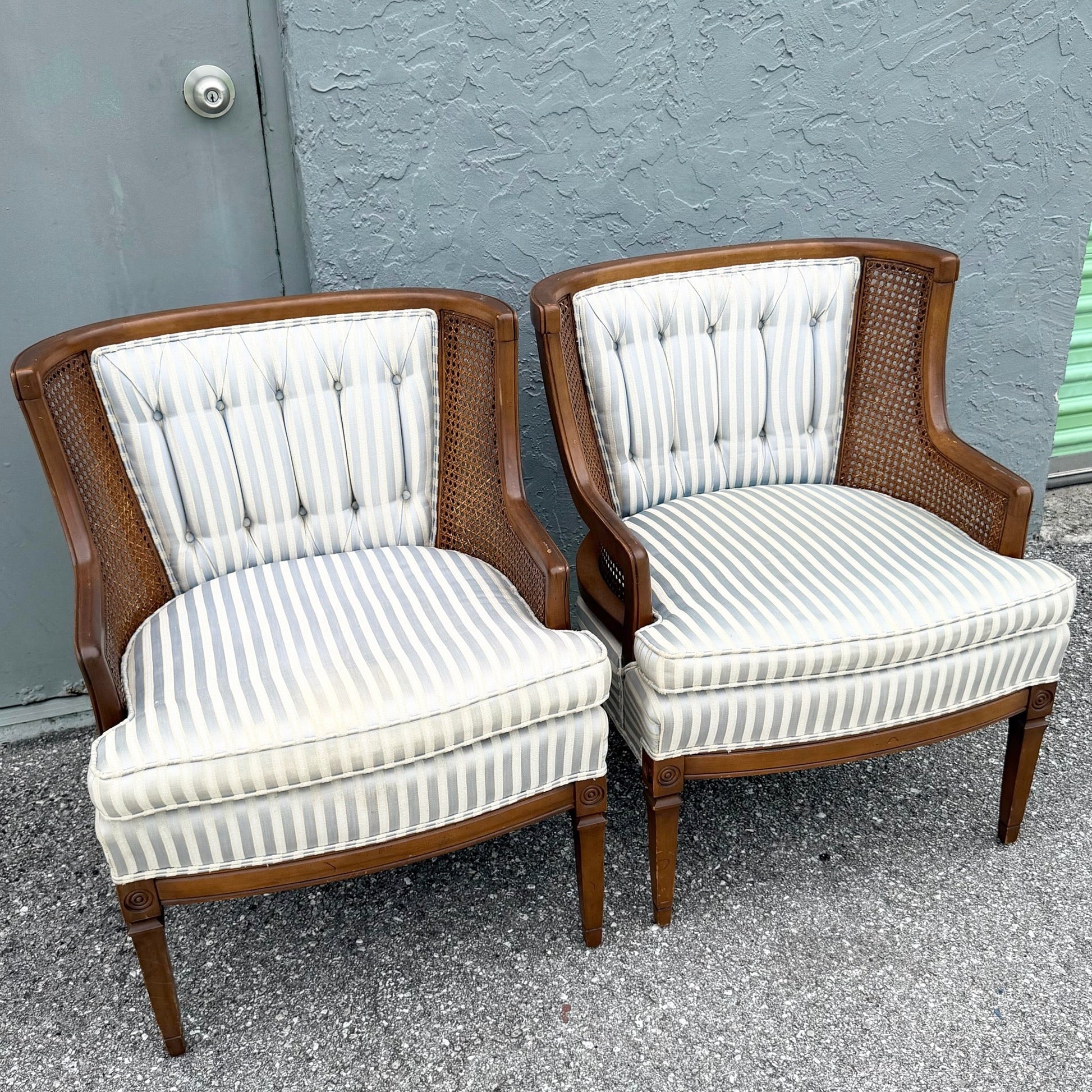 Vintage Hollywood Regency Cane Tufted Barrels Chairs - A Pair Dolphin & Flamingo