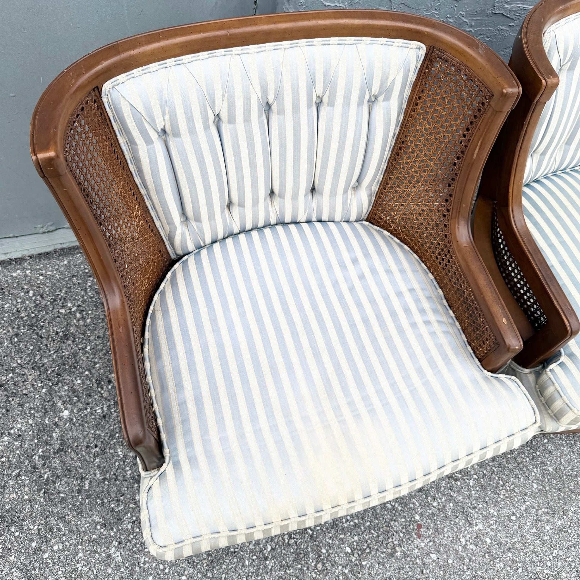 Vintage Hollywood Regency Cane Tufted Barrels Chairs - A Pair Dolphin & Flamingo