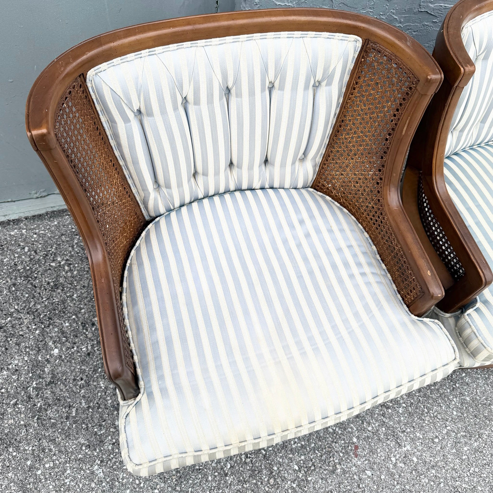 Vintage Hollywood Regency Cane Tufted Barrels Chairs - A Pair Dolphin & Flamingo