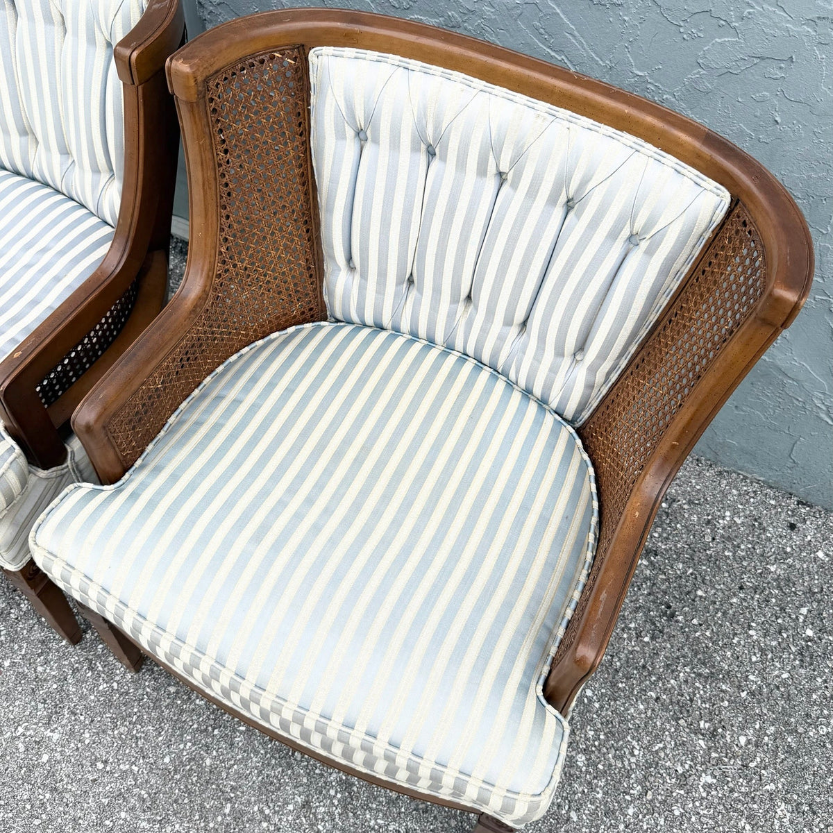 Vintage Hollywood Regency Cane Tufted Barrels Chairs - A Pair Dolphin & Flamingo