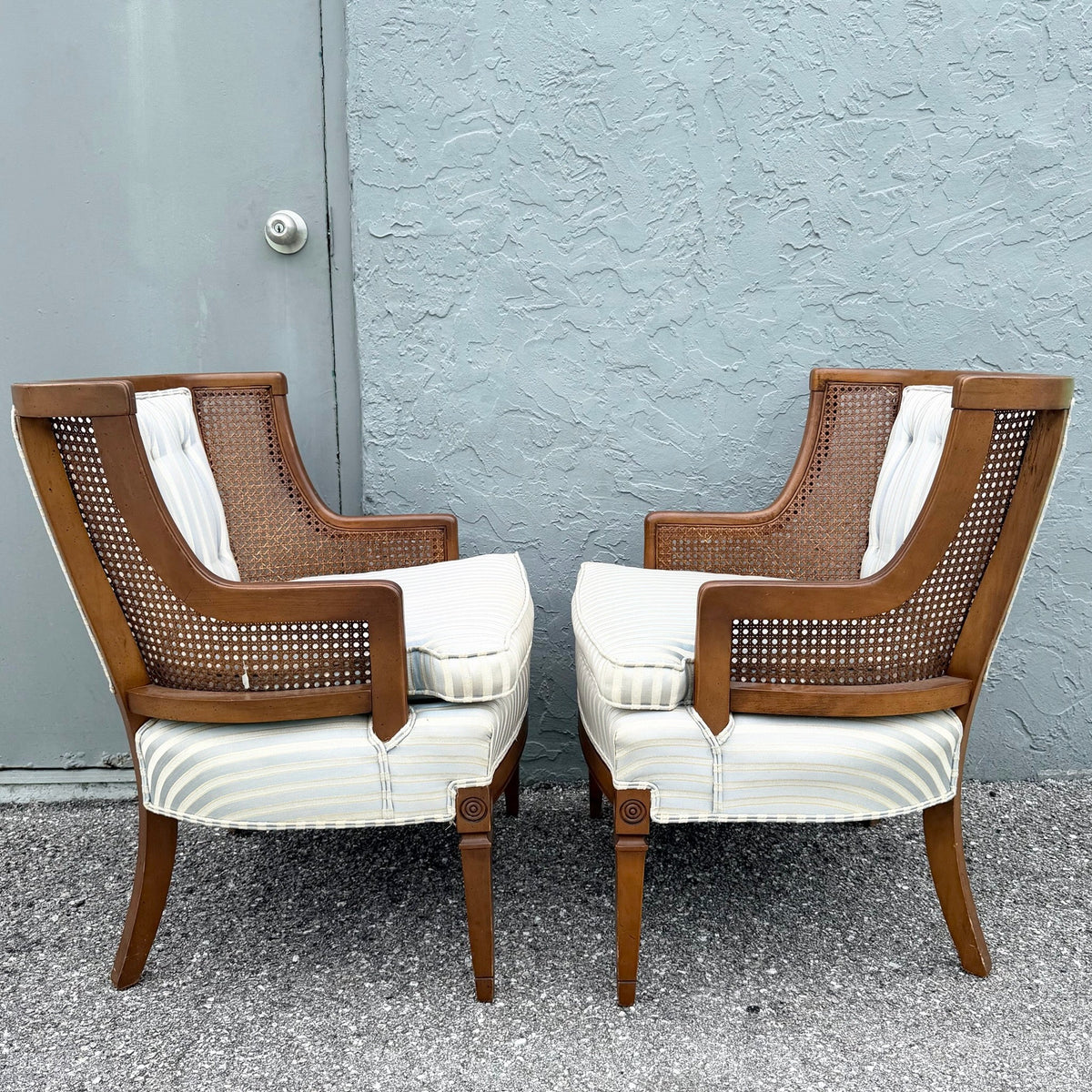Vintage Hollywood Regency Cane Tufted Barrels Chairs - A Pair Dolphin & Flamingo