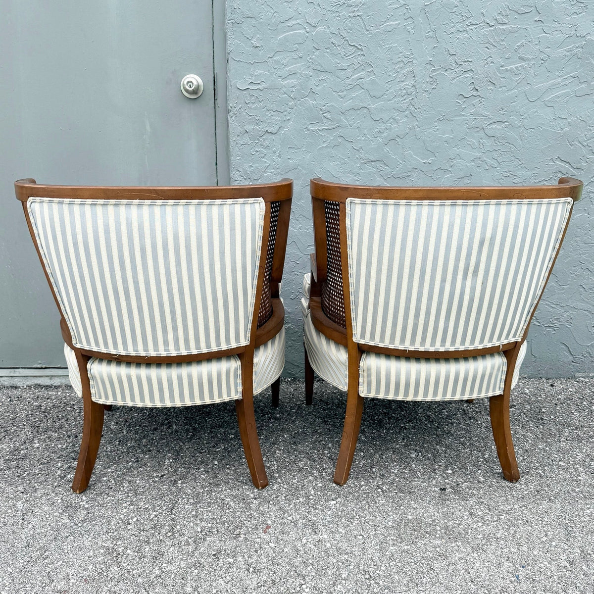 Vintage Hollywood Regency Cane Tufted Barrels Chairs - A Pair Dolphin & Flamingo