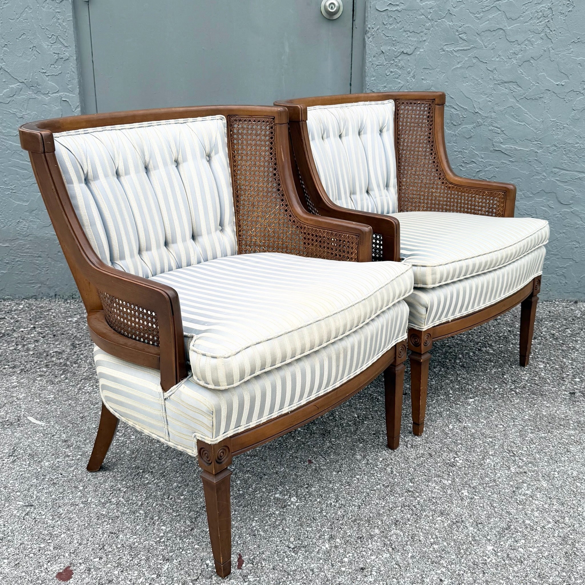 Vintage Hollywood Regency Cane Tufted Barrels Chairs - A Pair Dolphin & Flamingo
