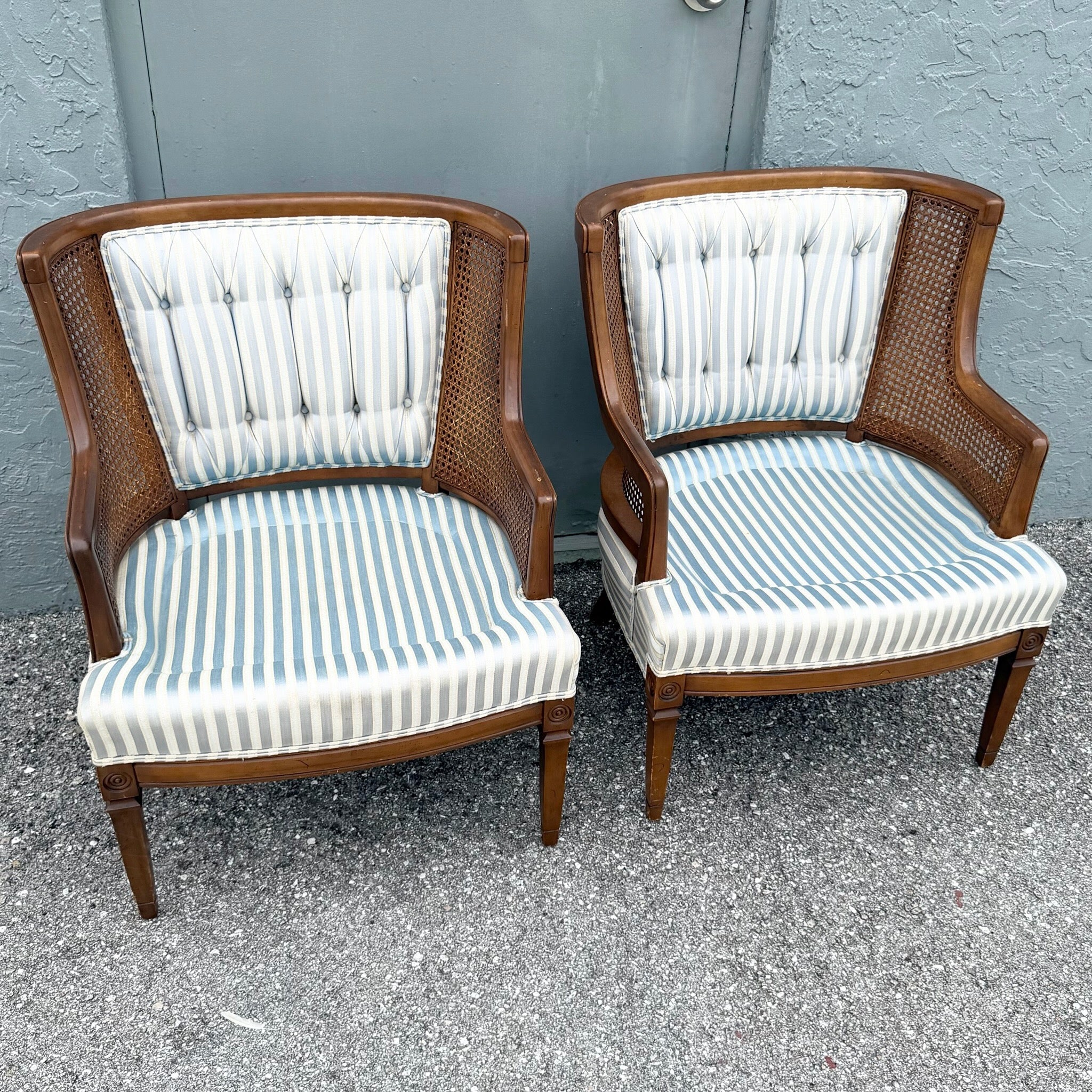 Vintage Hollywood Regency Cane Tufted Barrels Chairs - A Pair Dolphin & Flamingo