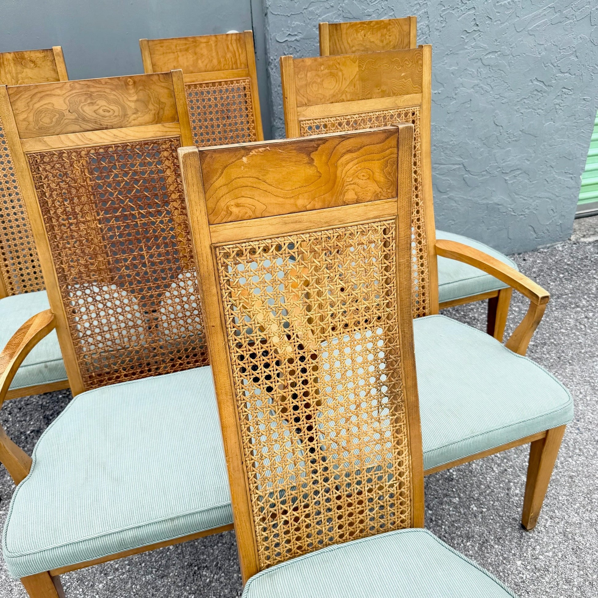 Mid Century Modern Burlwood Caneback Dining Chairs - Set of 6 Dolphin & Flamingo