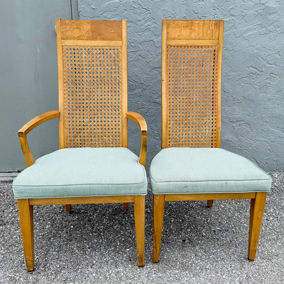 Mid Century Modern Burlwood Caneback Dining Chairs - Set of 6 Dolphin & Flamingo