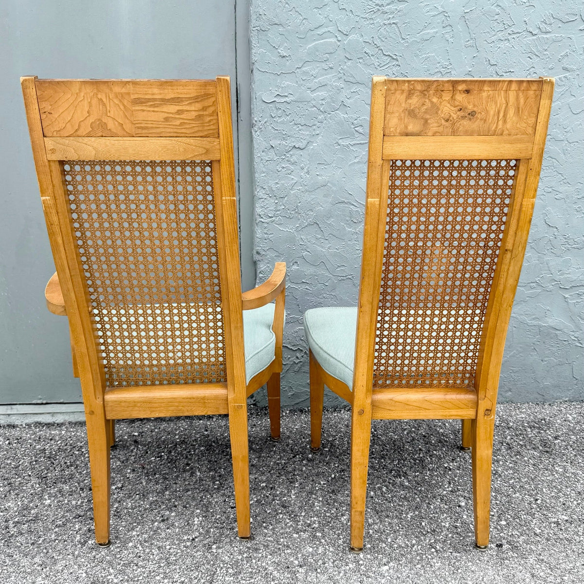 Mid Century Modern Burlwood Caneback Dining Chairs - Set of 6 Dolphin & Flamingo