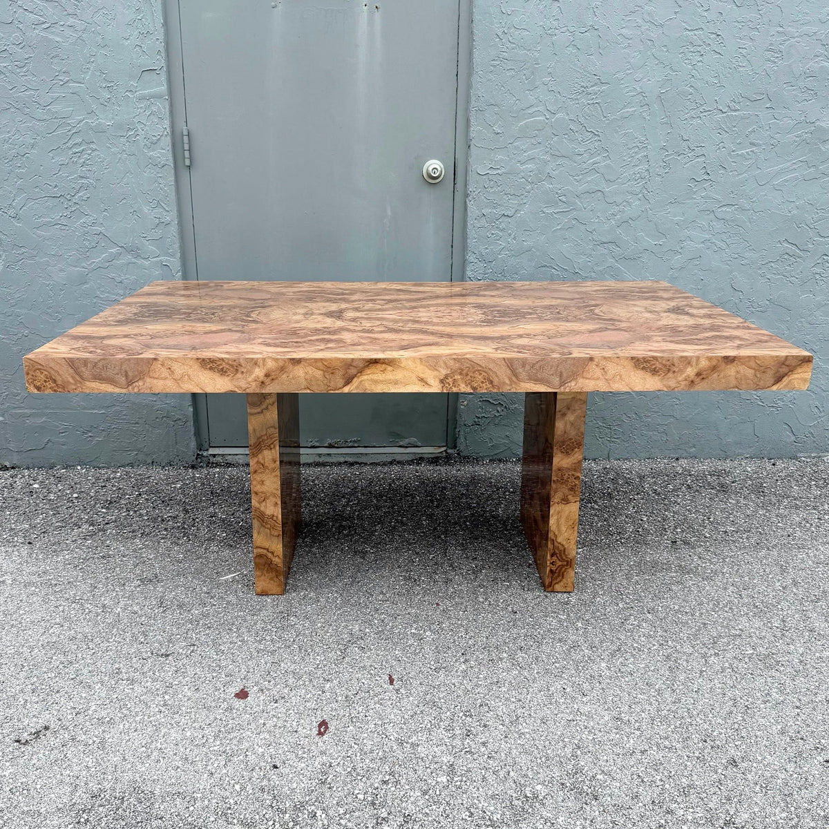Vintage Postmodern Burlwood Laminate Rectangular Dining Table Dolphin & Flamingo