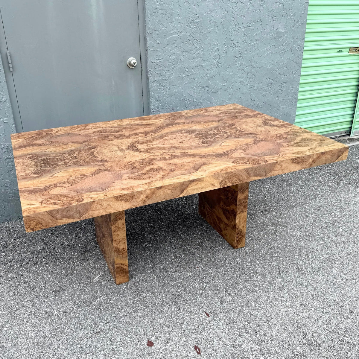 Vintage Postmodern Burlwood Laminate Rectangular Dining Table Dolphin & Flamingo