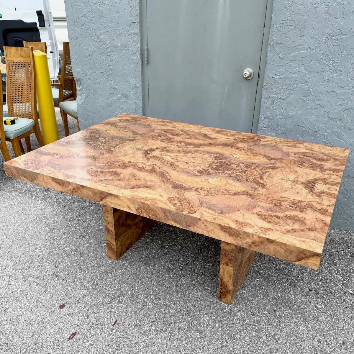 Vintage Postmodern Burlwood Laminate Rectangular Dining Table Dolphin & Flamingo
